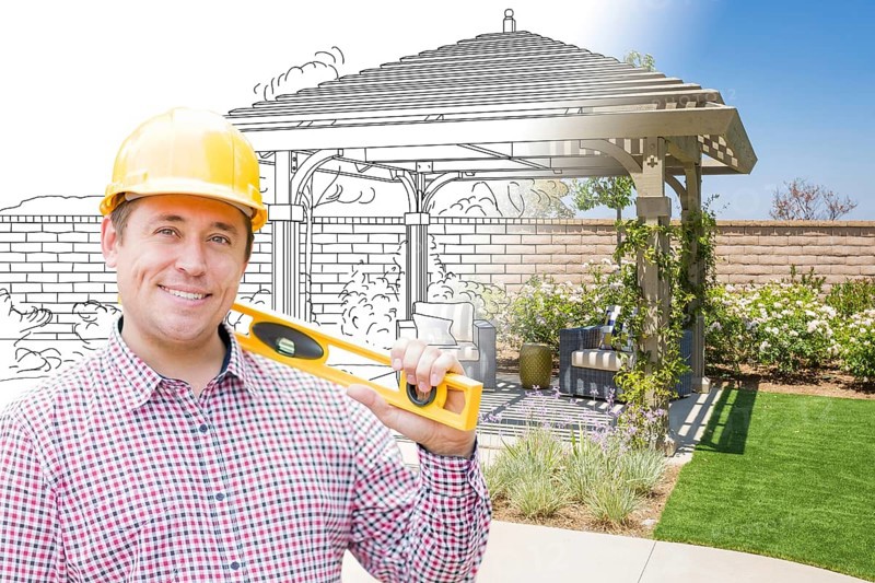 Contractor in front of drawing gradating into photo of finished patio cover