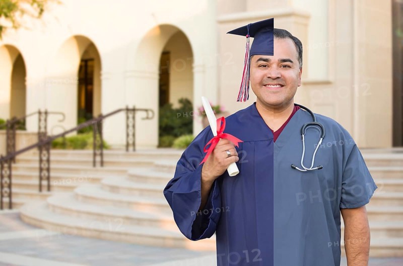 Split screen of hispanic male as graduate and nurse on campus or at hospital
