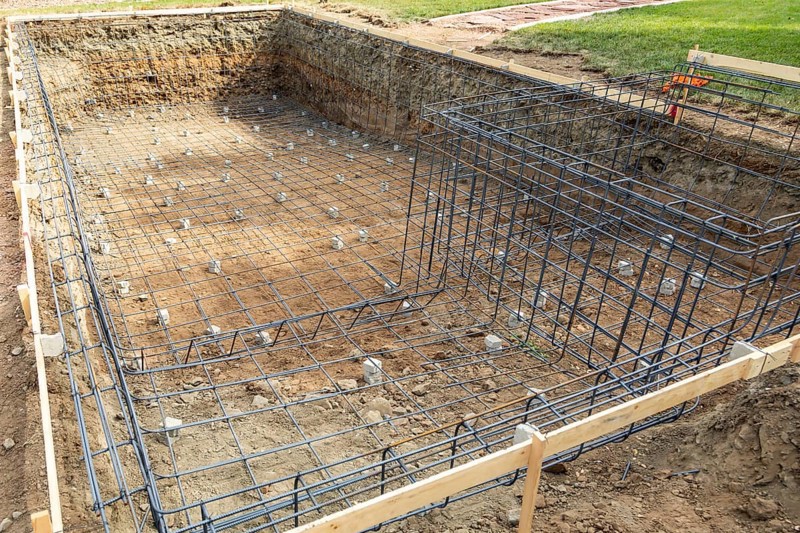 New swimming pool steel rebar framing construction site