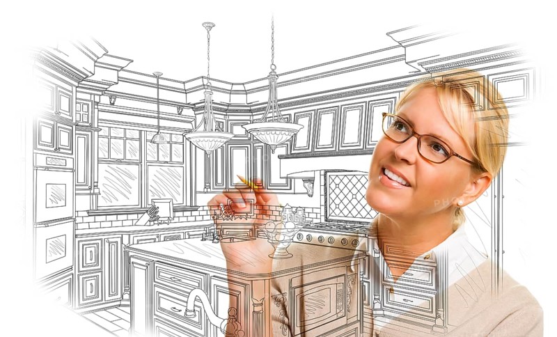 Creative woman with pencil drawing custom kitchen design on white