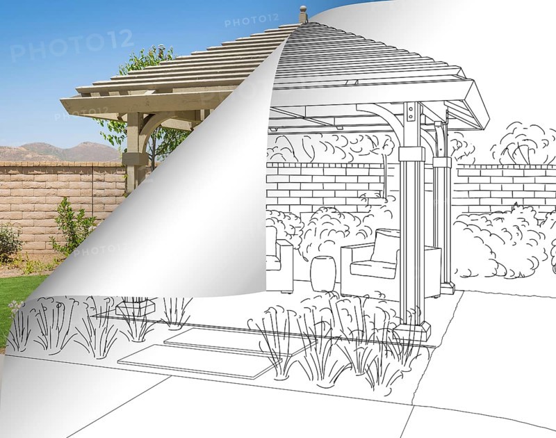 Pergola drawing with page flipping to completed photo behind