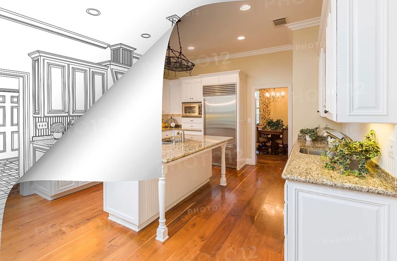Kitchen photo page corner flipping with drawing behind