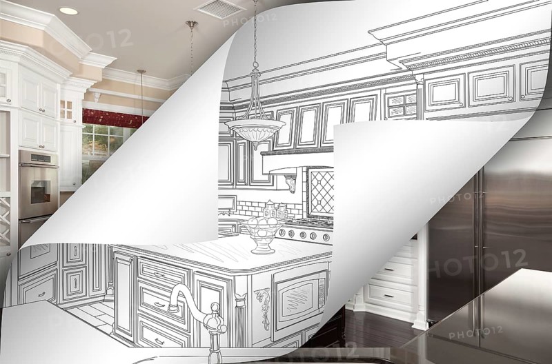 Kitchen drawing page corners flipping with photo behind