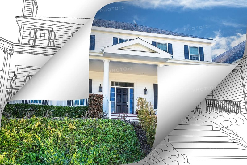 House photo page corners flipping with drawing behind