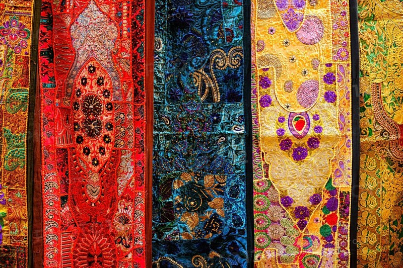 Indian patchwork fabric with traditional Indian patterns close up. Jasialmer