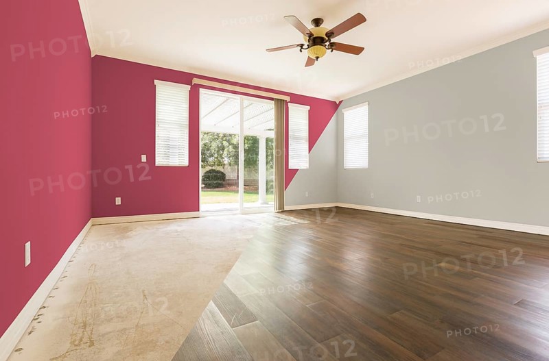 Empty room with cross section showing before and after with new wood floor and paint