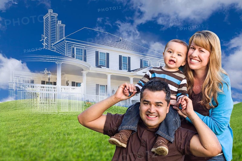 mixed-race family with ghosted house drawing