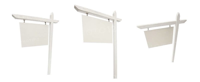 Set of 3 different angled blank real estate signs with clipping path isolated on white