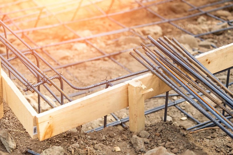 New steel rebar framing abstract at construction site