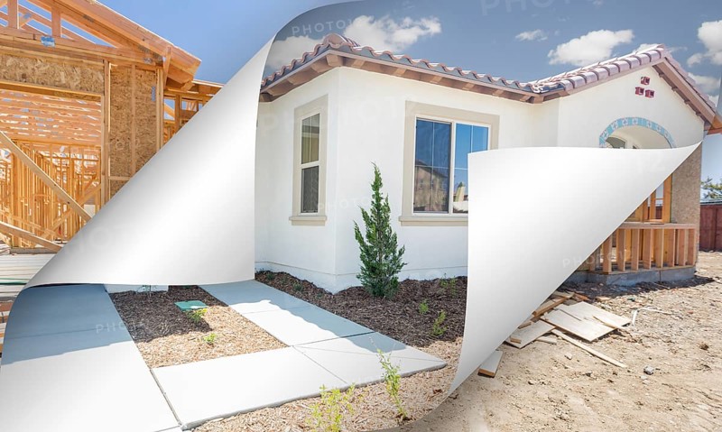 Completed house with page corners flipping to construction framing behind
