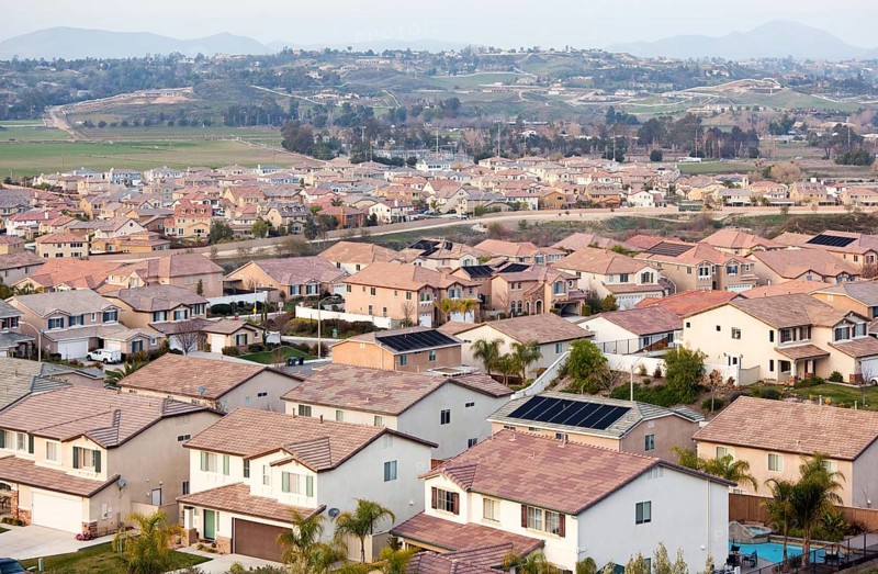 Contemporary neighborhood houses roof tops and horizon view