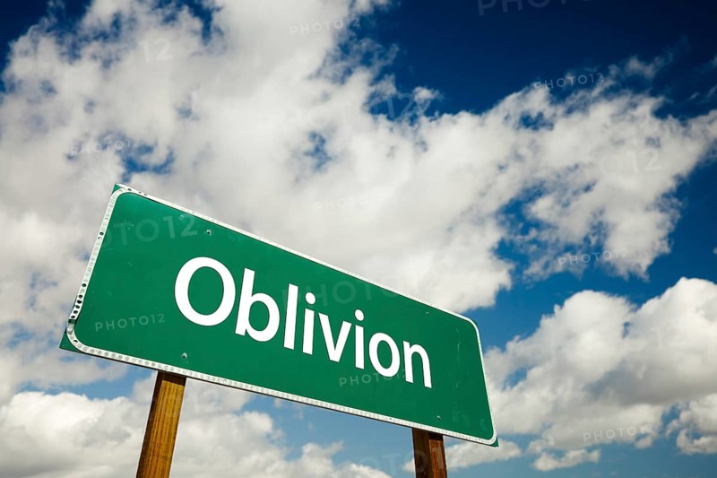 Oblivion road sign with dramatic clouds and sky
