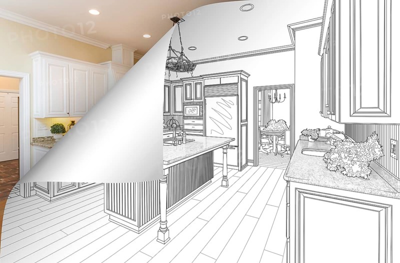 Kitchen drawing page corner flipping with photo behind