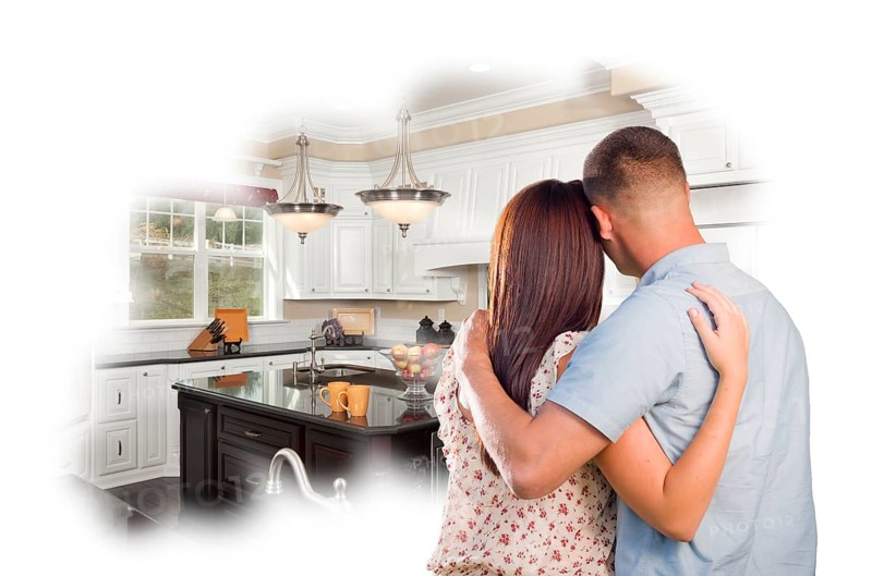 Daydreaming young military couple over custom kitchen photo inside thought bubble
