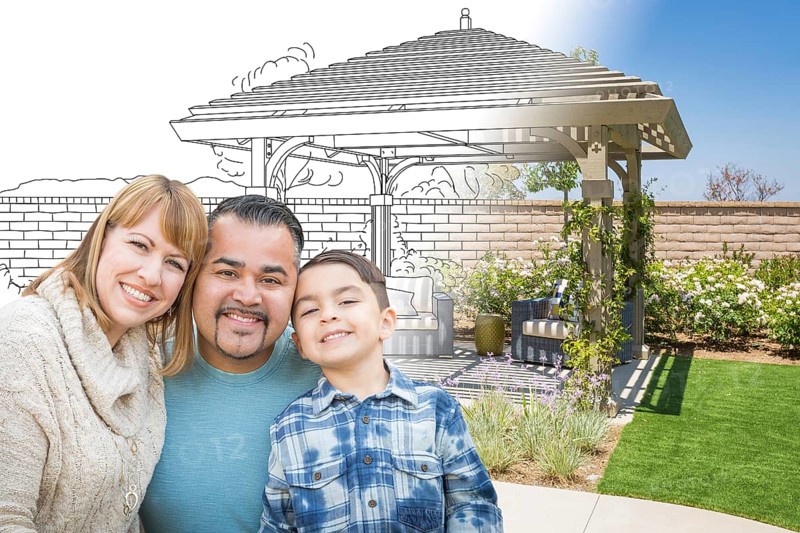 mixed-race family in front of drawing gradating into photo of finished patio cover