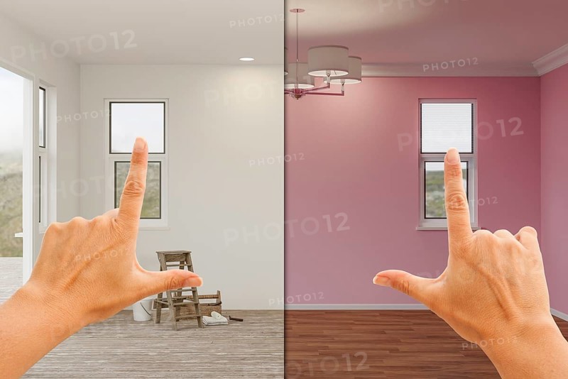 Female hands framing before and after bubble gum pink painted walls in empty room of house