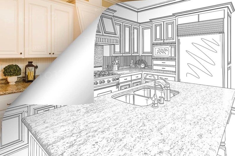 Kitchen drawing page corner flipping with photo behind