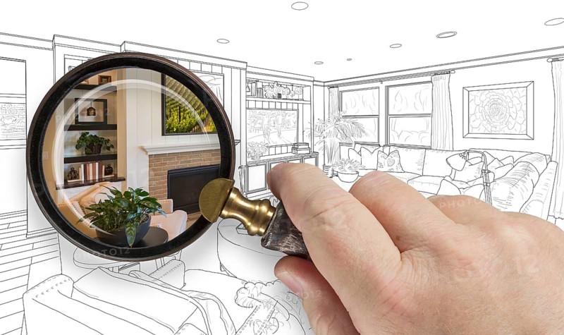 Hand holding magnifying glass revealing custom living room design drawing and photo combination