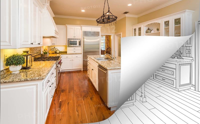 Kitchen photo page corner flipping with drawing behind