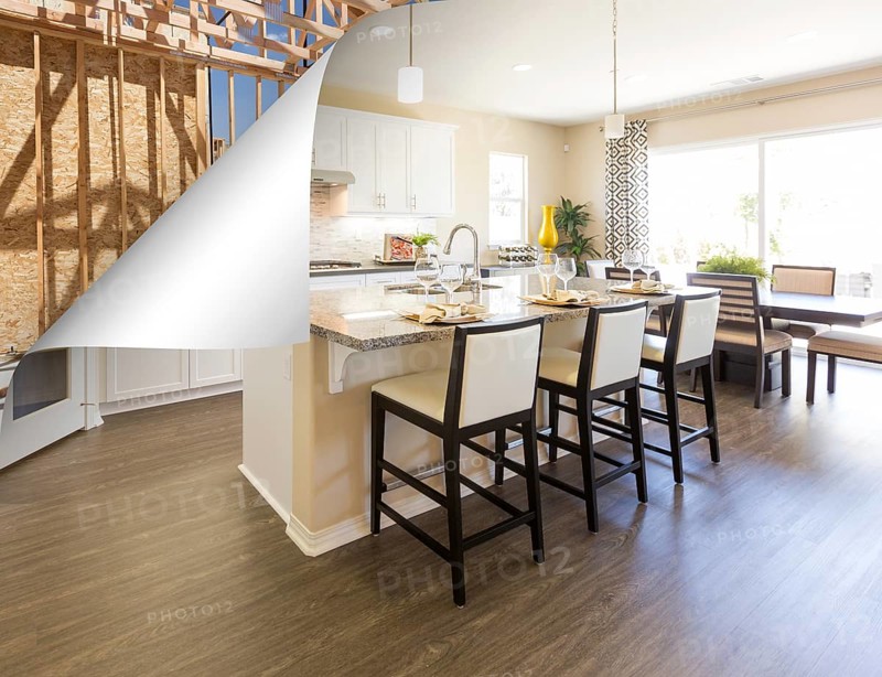 Custom kitchen with page corner flipping to construction framing