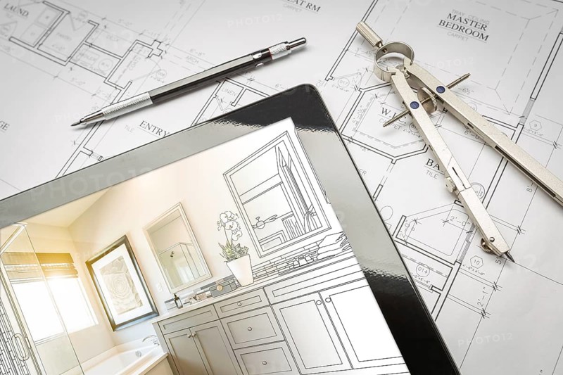 Computer tablet with master bathroom design over house plans