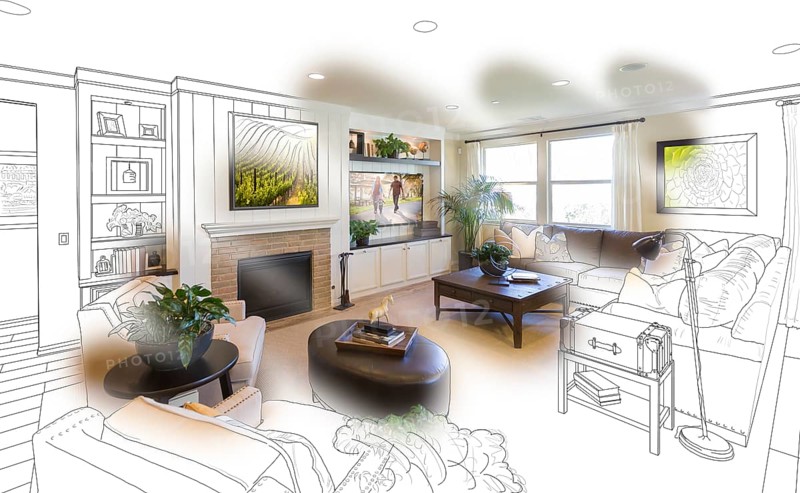 Custom living room drawing brush stoke gradation into photograph