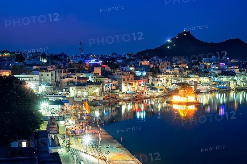 View of famous indian hinduism pilgrimage town sacred holy hindu religious city Pushkar with Brahma temple