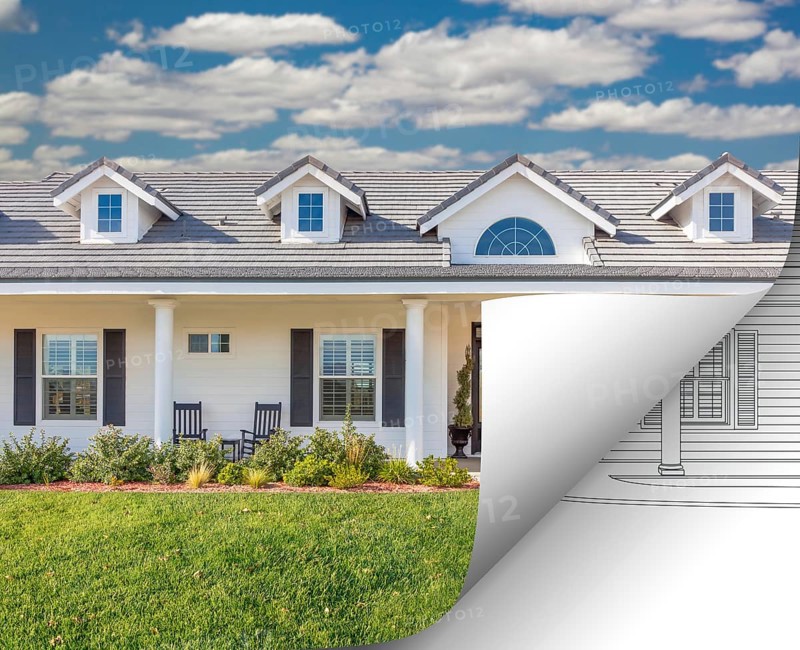 House photo page corner flipping with drawing behind