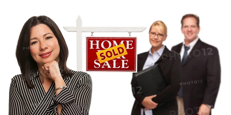 mixed-race people with sold home for sale real estate sign isolated on a white background