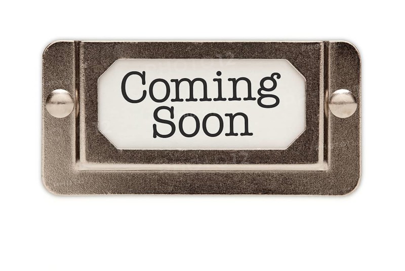 Coming soon file drawer label isolated on a white background