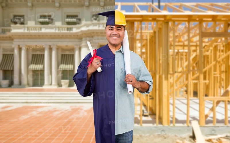 Split screen male hispanic graduate in cap and gown to engineer in hard hat concept