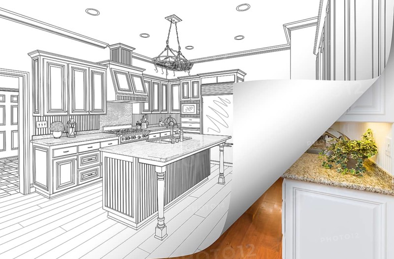 Kitchen drawing page corner flipping with photo behind