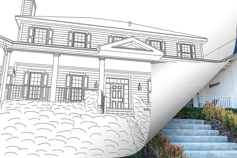 House drawing page corner flipping with photo behind