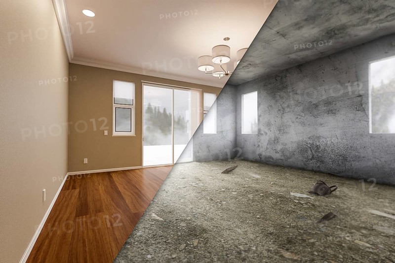Unfinished raw and newly remodeled room of house with finished wood floors