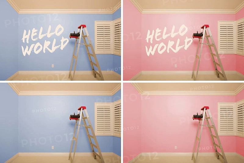Maternity series of pink and blue empty rooms with ladder and paint supplies