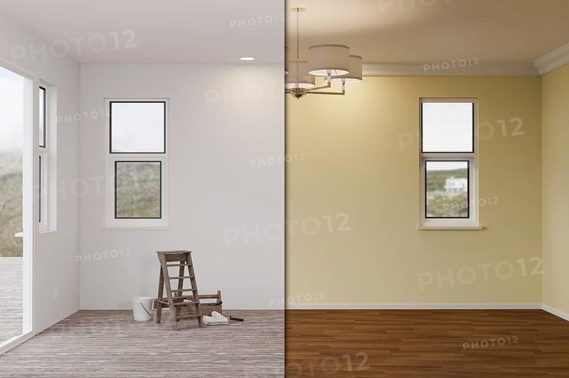 Unfinished raw and newly remodeled room of house before and after with wood floors