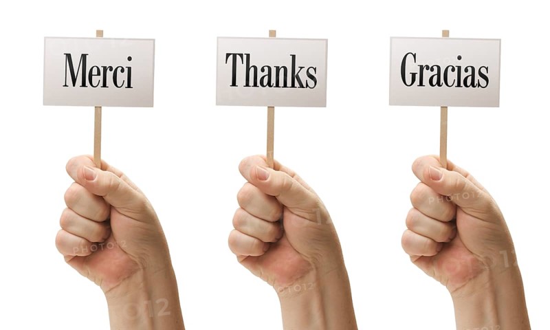 Three signs in male fists saying merci