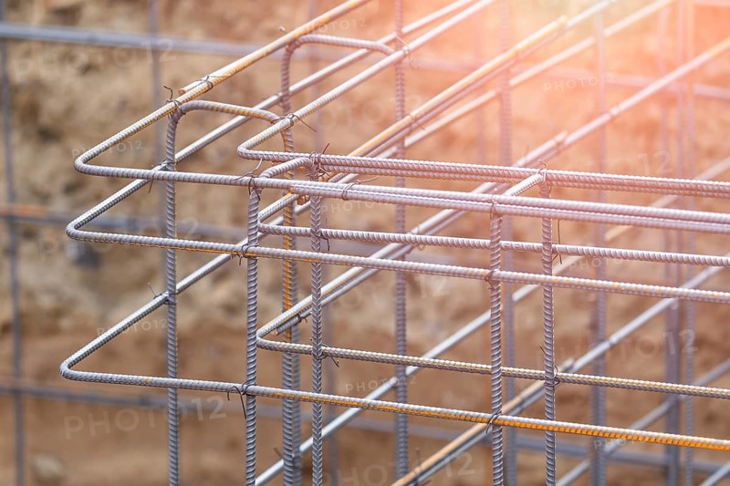 New steel rebar framing abstract at construction site