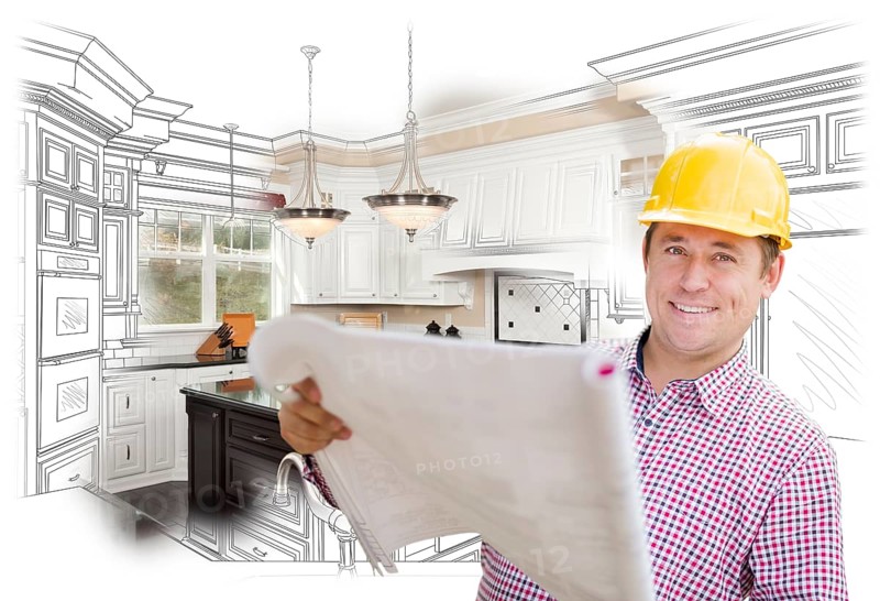 Smiling contractor holding blueprints over custom kitchen drawing and photo combination