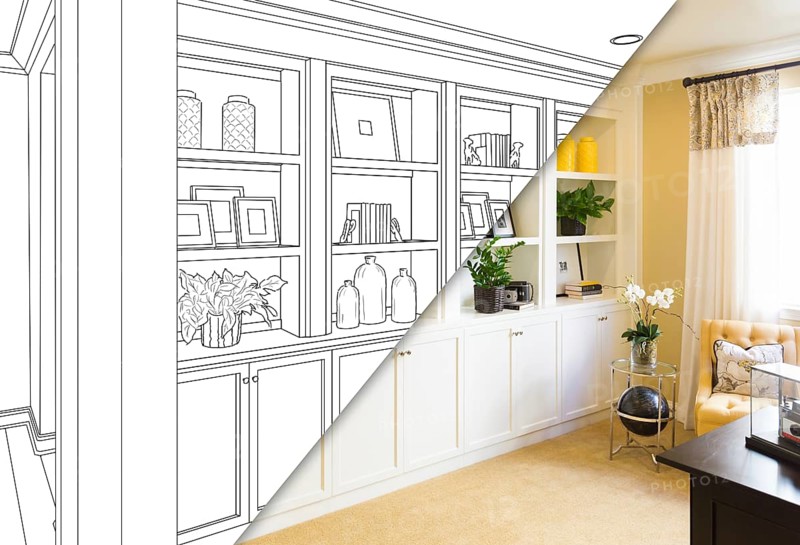 Custom built-in shelves and cabinets design drawing with cross section of finished photo