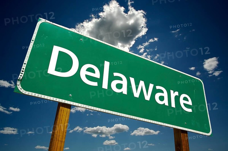 Delaware road sign with dramatic clouds and sky