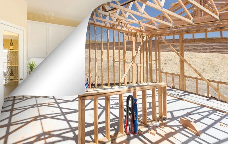 Kitchen construction framing with page corner flipping to completed photo