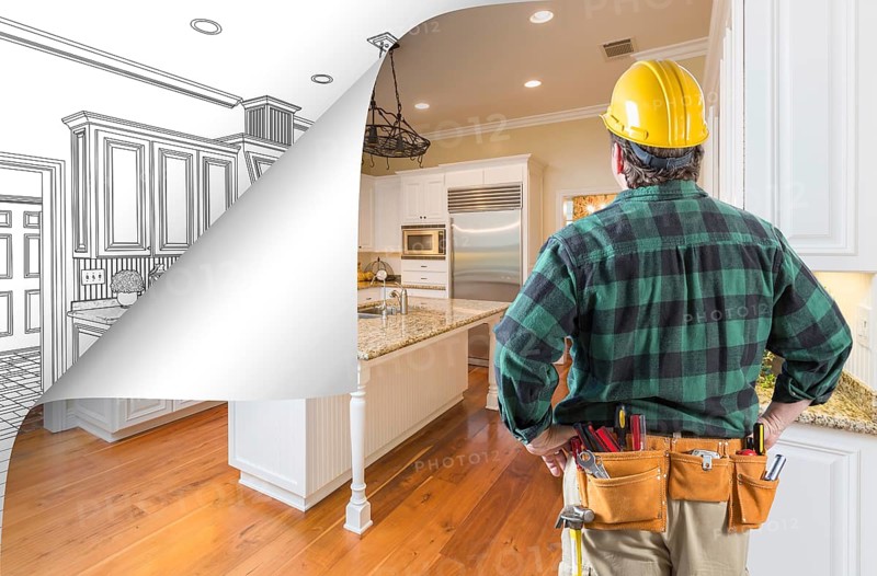 Contractor facing kitchen photo with page corner flipping to drawing behind