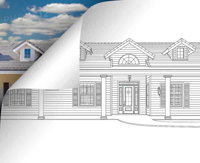 House drawing page corner flipping with photo behind