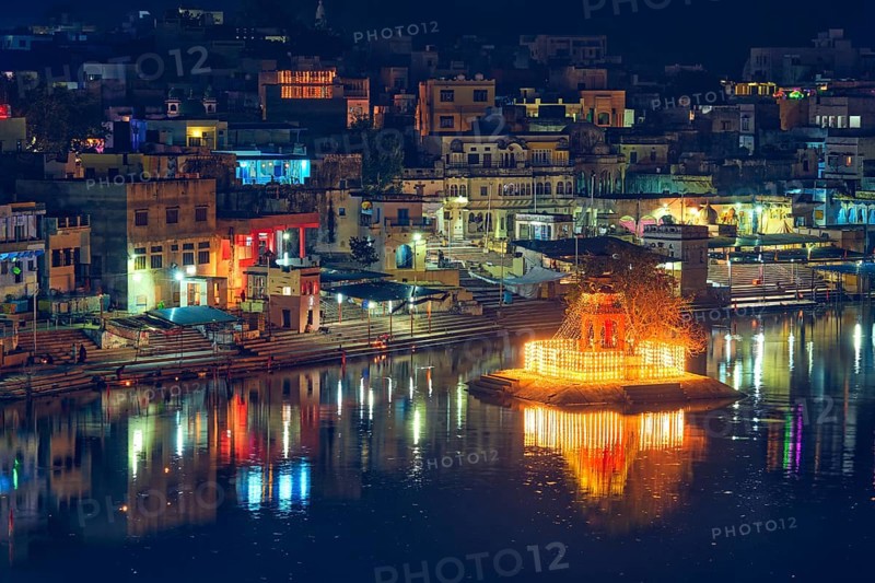 View of famous indian hinduism pilgrimage town sacred holy hindu religious city Pushkar with Brahma temple