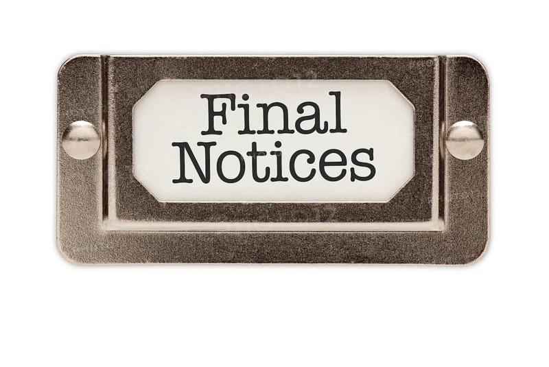 Final notices file drawer label isolated on a white background