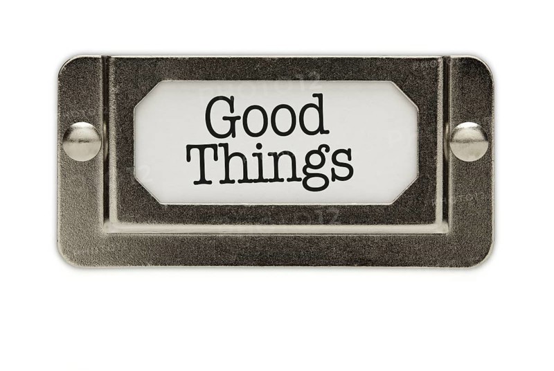 Good things file drawer label isolated on a white background