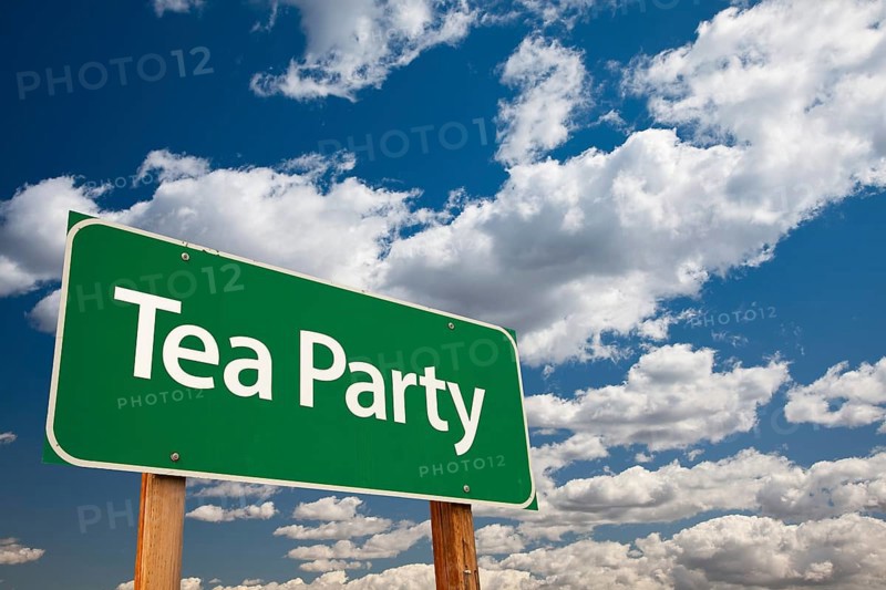 Tea party green road sign with copy room over the dramatic clouds and sky