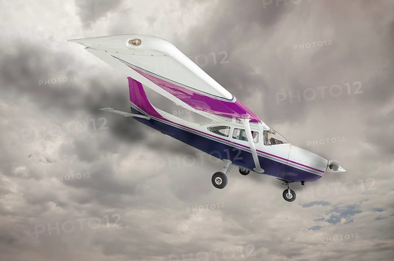 The cessna 172 with smoke coming from the engine against an ominous gray sky