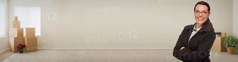 Young adult woman inside room with boxes banner